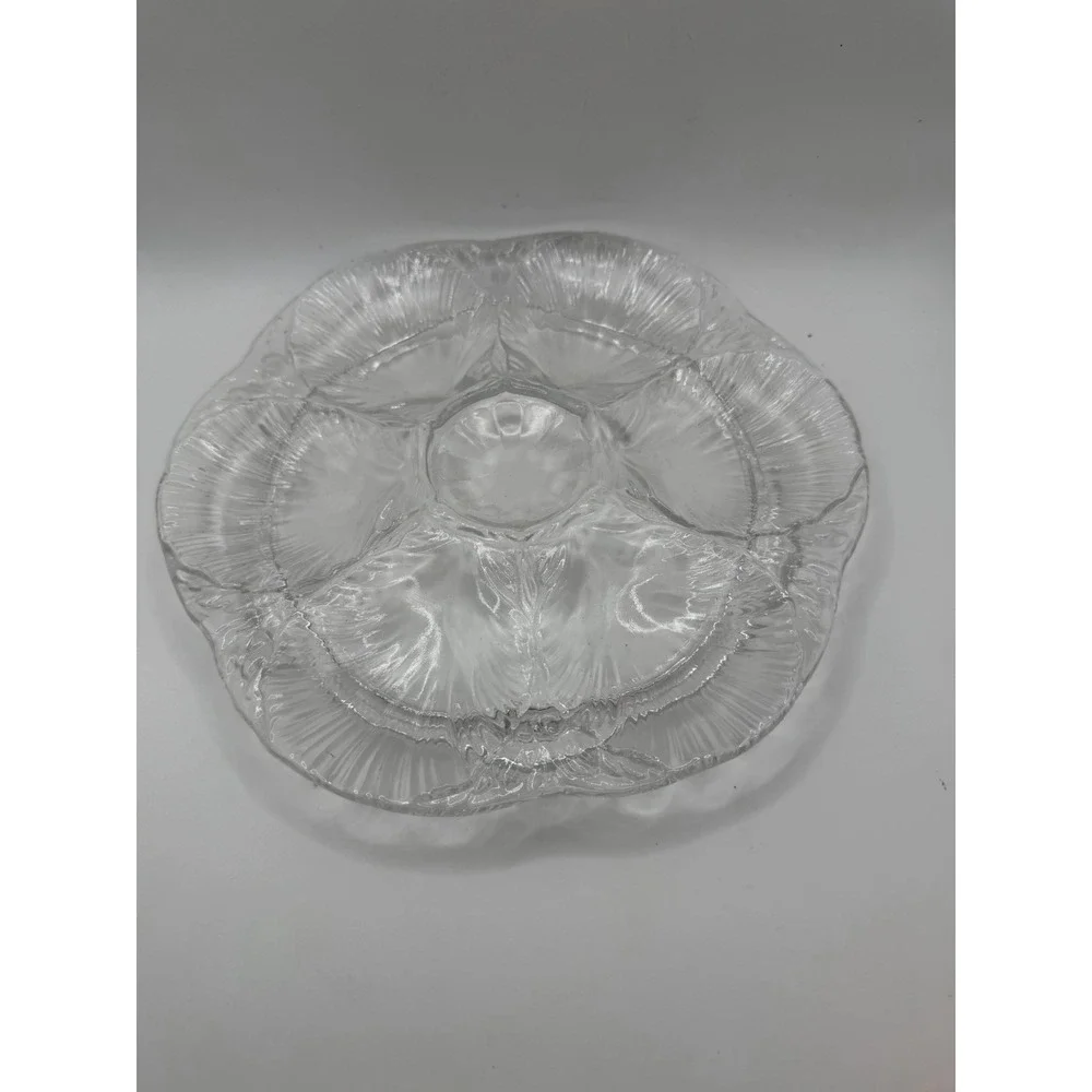 L.E. Smith Clear Glass Oyster Plate 6 Well Seafood Serving Dish Vintage 9